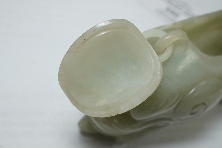 A large Chinese pale celadon jade ‘dragon-fish’ vessel and cover, 19th century